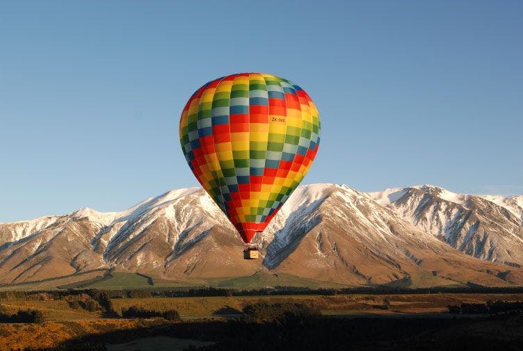 Hot air balloon over the Canterbury Plains in New Zealand