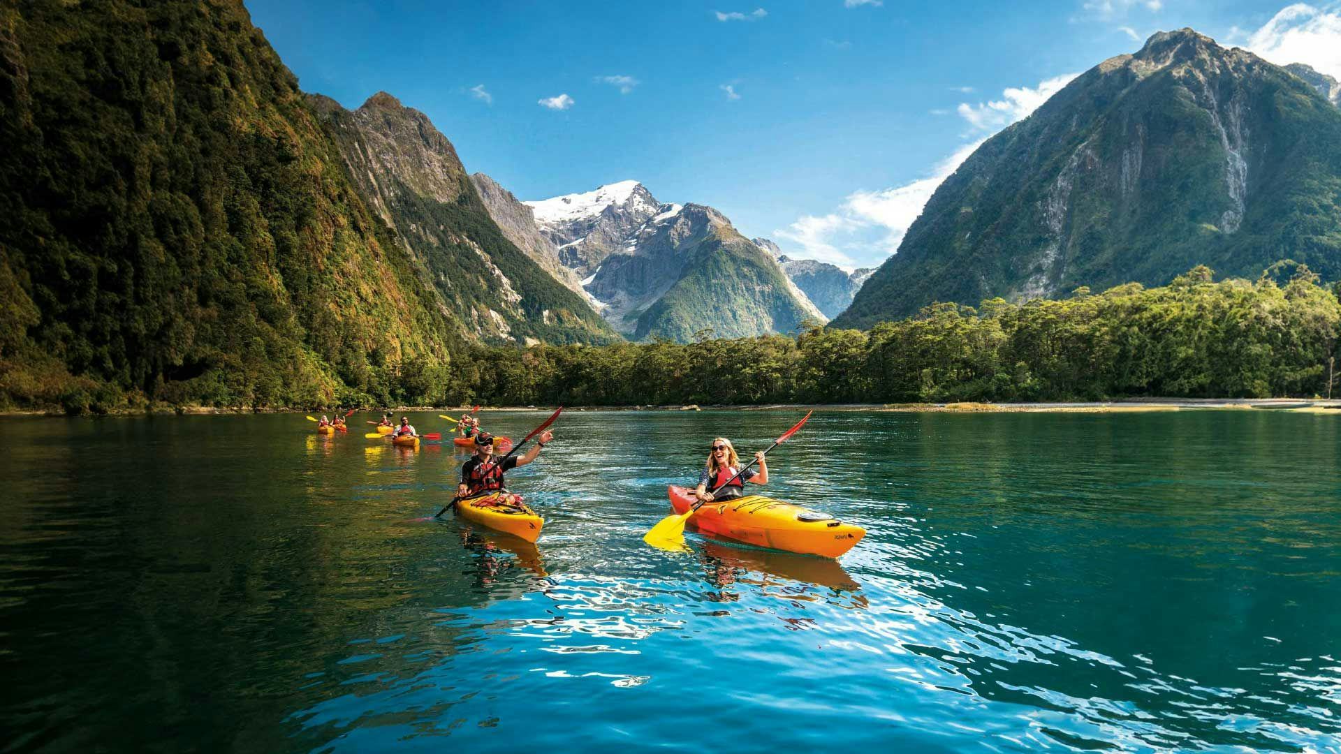 Group of people kayaking at Milford Sound